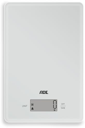ADE Digitale Küchenwaage | präzise Grammwaage bis 5 kg | großes Display | inkl. AAA Batterien | sehr flach | mit Aufhängeöse | gut lesbare große Ziffern | silber