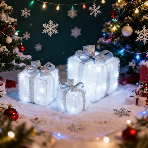 CCLIFE LED Geschenkbox 3er Set Kaltweiß Lichterkette mit Netzstecker | 3 kaltweiß beleuchtete Geschenkboxen mit Netzstecker und Lichterkette für Weihnachtsdeko, Wohnzimmer und Fensterbank
