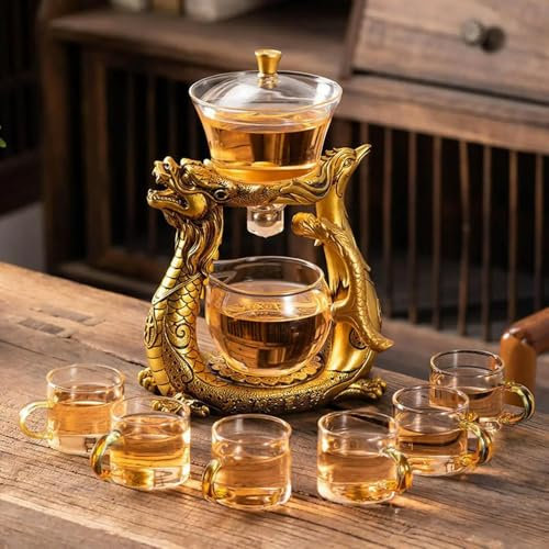 TUITA Service à thé en Verre Kungfu résistant à la Chaleur avec dérivation d'eau rotative et théière en Verre Semi-Automatique (Ensemble de théière)