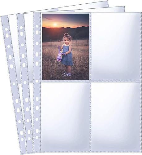 50Sheet A4 Photo Sleeves 4x6 Inch 400 Pockets Photo Sleeves for A4 2/3/4 Ring Binder - Clear Album Refill Pages Double-Sided 4-Pocket 105x154mm Photo Page Protector for Cards, Postcards & Photos​​