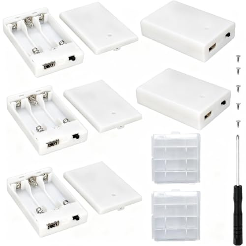VISSQH 5 Pièces AA Support de Batterie,3 x 1.5V Support de Batterie 4.5V Battery Holder Box Case,AA Boîte à Piles en Plastique avec Intégré Prise Femelle USB Couvercle et Interrupteur on/Off