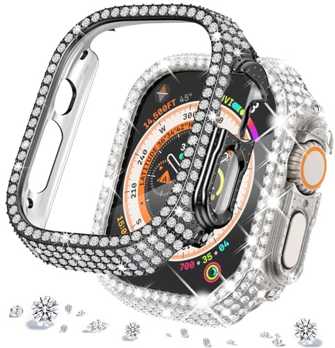 DEALELE [2-pack] klockfodral kompatibelt med Apple Watch Series Ultra 2 49 mm/Ultra 49 mm, glitter full diamant strass skyddande skydd hölje (49 mm, svart + transparent)