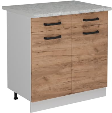 Vicco Küchenunterschrank R-Line, Goldkraft Eiche, 80 cm | 2 Schubladen · AP Marmor inkl. · Höhenverstellbare Füße · 2 Türen · ✓ Leichter Zugriff