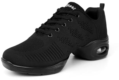 Asyusyu Schwarz Tanzsneaker Damen Atmungsaktiv Tanzschuhe Dance Sneaker mit Luftkissen