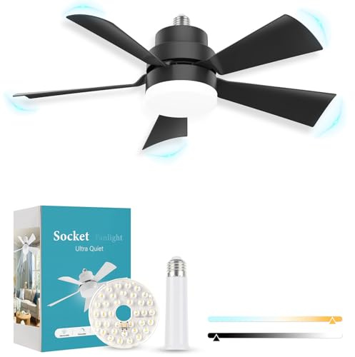 We Charger Socket Fan Light, E26 E27 Screw in Ceiling Fans with 1 Spare Lightbulb 20.5 in, Light Fan with Lights Dimmable for Kitchen Garage Laundry Room Black