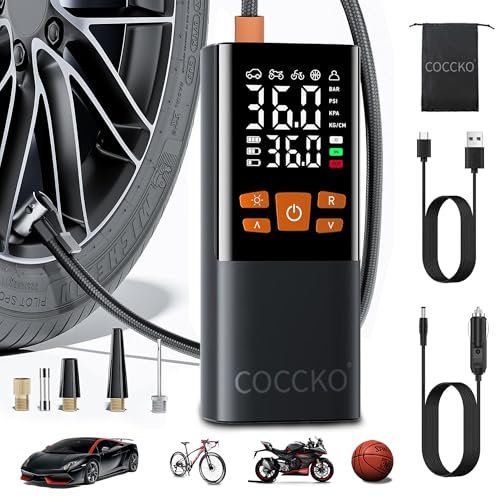 Compressore Aria Portatile, COCCKO 6000mAh e 12V DC Pompa Bicicletta Elettrica,10,3 Bar/150PSI Mini Compressore Portatile con Luce LED, Tire Inflator Ricarica USB, per Auto, Bici, Moto, Pallone