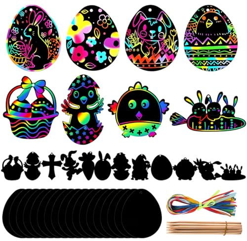 WHYCNJL 24 Stück Ostern Kratzbilder Kinder, Bastelset Regenbogen Papierkarte für Kinder Ostereierhasen Kükenform mit Bändern Kratzstift Scratch Art für Osterfest Party Deko DIY Handwerk