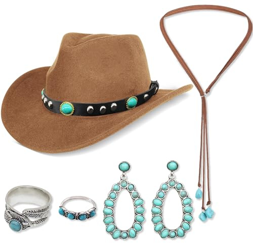 Saier tbo 5 Stück Western Cowboy Hut Accessoire Set für Damen, 70er Jahre Boho Hippie Kostüm mit Cowboyhut Bohemian Türkis Halskette Ohrringen Ringen für Erwachsene Cosplay Karneval