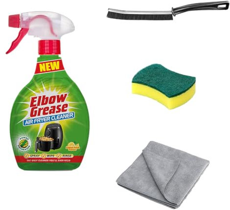 Elbow Grease Air Fryer Cleaning Kit - 500ml, Crevice Brush, Scrubbing Sponge, Microfibre Cloth, Deep Fat Fryer Cleaner, Stain Remover, Elbow Grease Spray, All In One Cleaning Solution