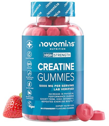 Creatina Gominolas – 5000 mg de Creatina Monohidratada por Porción – Alternativa a las Creatine Monohydrate Capsulas y Polvo – Para el Rendimiento Fisico y el Pre Workout – 90 Gominolas – Novomins