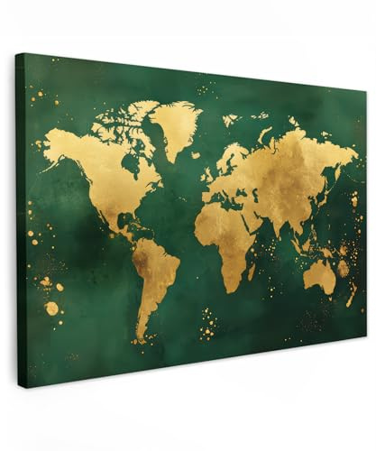 MuchoWow© Leinwand Groß XXL Deko Schlafzimmer Aesthetic Leinwandbilder | 120x80 cm - Wohnzimmer Gemälde Foto Geschenk Living Room Decoration Weltkarte - Grün - Gold