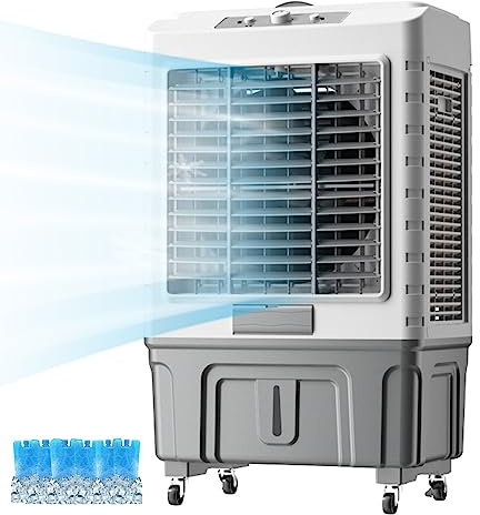 Enfriador portátil 3 en 1 con 3 ajustes de velocidad, gran volumen de aire y oscilación de 120°, incluye paquetes de hielo y tanque de agua grande para una refrigeración eficiente en interiores y