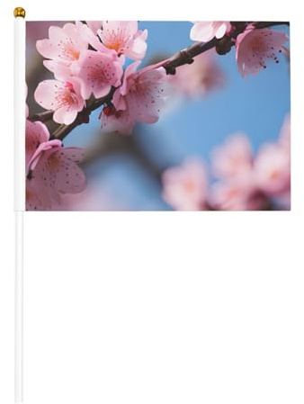 Magnifique drapeau en fleurs de cerisier blanc solide - Couleurs vives et résistant à la décoloration - Drapeaux à main avec lance