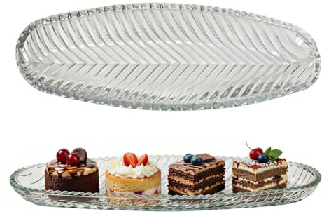 Thornwhisper Glas Teller,Längliche Servierplatte aus Glas,transparente Sushi Platte & Sashimi Teller aus bleifreiem Kristallglas, geriffelt,Ovales Glas Tablett,Dessertteller,Moderner Glasteller