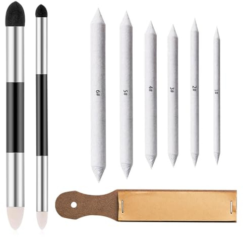 CHSEROK 9 Stück Schwamm Radierstift Set, Inklusive Doppelspitziger Mischstift, Papierwischer, Schleifpapierblock für Bleistifte, Zeichnen Zubehör, für Zeichnen und Künstlerische Gestaltung