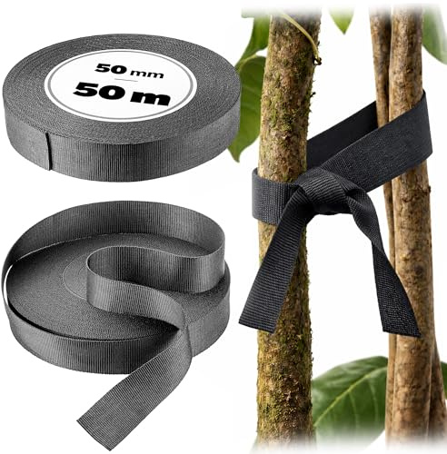 KADAX Trädband 50 mm x 50 m, bindband för säker fastsättning av träd och buskar, trädbindemedel av polypropen, trädfastsättning, växtbindemedel (svart)