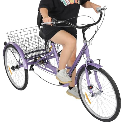HOARLICN Tricycle pour adulte de 24 avec panier à provisions, capacité de charge de 120 kg, tricycle de charge, tricycle, vélo à 3 roues, vélo pour adultes, activités de plein air pour le cyclisme