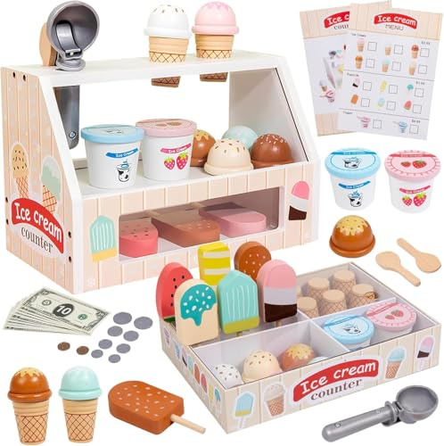 Wooden Ice Cream Set Counter Toy for Toddlers, Pretend Play Ice Cream Shop Toys for Kids Ages 3+, Play Store with Fake Money & Coin Wooden Play Food Kitchen Accessories
