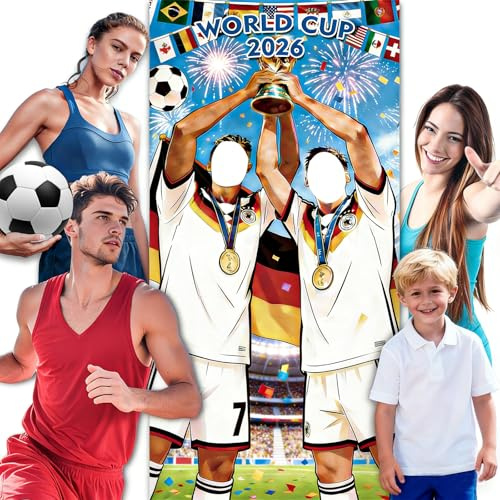 World Cup 2026 Football Photo Banner, 180x90cm Funny Football Banner Backdrop with 2 Face Frame Background, Germany Posters Photo Booth Frame Prop for World Tournament Cup Party Soccer Event Decor
