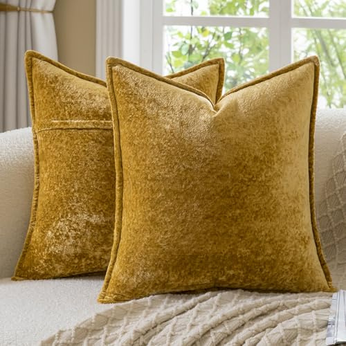 Madizz 2 Stück Dekorative Kissenbezüge Neutrale Vintage im Boho-Stil aus Weichem Chenille einfarbig Mit Struktur, Für Couch Sofa Schlafzimmer und Wohnzimmer, 45x45 cm, Gold