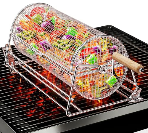 2-i-1 Svängbärbar Grillkorg i Rostfritt Stål 304, Grilltillbehör med Avtagbara Dubbla Trähandtag & Svängborr, BBQ Tillbehör för Grönsaker Räkor, Present till Män Fader Make Födelsedag