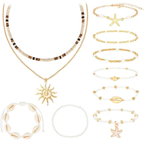 PHOGARY Lot de 10 colliers en coquillage pour femme - Bijou bohème - Bracelet de perles - Bracelet de cheville avec coquillages véritables