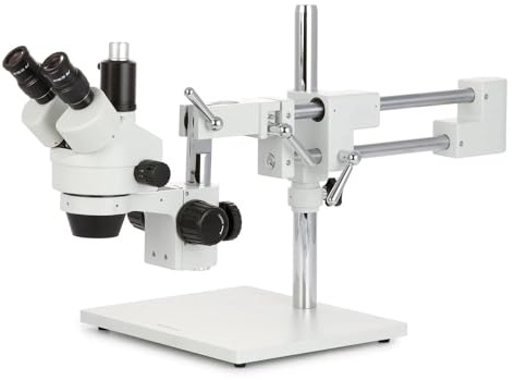 AmScope SM-4TPX Professionelles Trinokulares-Stereo-Zoom-Mikroskop mit Gleichzeitiger Fokussteuerung, WH10X-Okularen, 0.7-Fach-4.5-Fachem Zoomziel, Umgebungsbeleuchtung, Doppelarmigem Auslegerständer