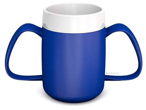 Ornamin 2-Henkel-Becher mit Trink-Trick | Spezial-Trinkhilfe für Demenz, Parkinson & Schlaganfall | Barrierefrei & Selbständig Trinken | Inklusion | Linkshänder & Rechtshänder | blau