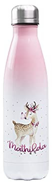 GRAZDesign personalisiert Trinkflasche Kinder Mädchen bruchsicher & auslaufsicher, Thermosflasche Schulanfang und Kindergarten, Sport, Edelstahl 500ml rosa/Motiv Rehkitz