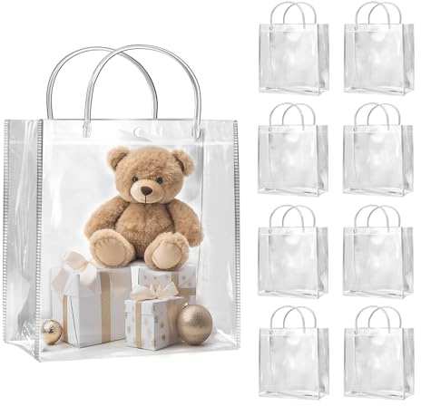 SHIPKEY Transparente Geschenktüten mit Griffen, 20 x 8 x 20 cm, quadratisch, transparent, mit Griffen, wasserdichte PVC-Einkaufstaschen für Parfüm, Bäckerei, Geschenke, Geburtstagsparty, 10 Stück