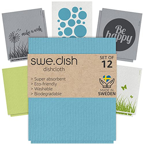 Sanni Shoo Schwammtücher mit Motiv 12-er Set waschbar, kompostierbar, bunt – Schweden-Schwammtuch-Set Bedruckt, Spültücher, Putzlappen für jeden Tag. Lappen Küche und Haushalt, grün, grau, türkis