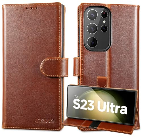 LENSUN Lederhülle für Samsung Galaxy S23 Ultra, Echtleder Handyhülle [Echtes Leder] [Magnetverschluss] Klappen Hülle Handytasche für Samsung S23 Ultra 5G - Dunkelbraun
