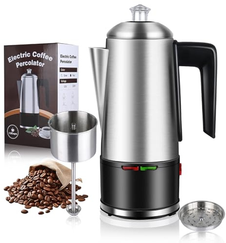 HOMOKUS Electric Coffee Percolator 12 CUPS Percolator Coffee Pot,800W Percolator Coffee Maker Stainless Steel with Clear Knob Cool-touch Handle,Coffee Pot Percolator Auto Keep Warm Function