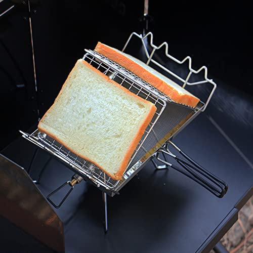 Dpofirs Portable Camping Stove Toaster, Folding Stainless Steel Camp Roaster Grill Rack with Mesh, 7.9 X 5.3in Mini Hand Held Holder for Bread Toast BBQ Outdoor Hiking