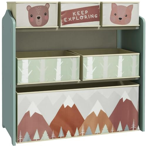 ZONEKIZ Scaffale Portagiochi per Bambini con 6 Contenitori Rimovibili in Tessuto, Organizzatore per Giocattoli Multiuso per Cameretta e Stanza dei Giochi, 63x30x66 cm, Verde