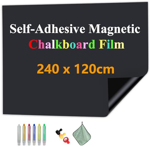 JOMUSAGA Magnetic Chalkboard Film, 240 x 120 cm, Self-Adhesive Blackboard Sheets, Blackboard Paper for Wall, Includes Dry Wipe Pens, Eraser & Magnets – Ideal for School, Home & Office