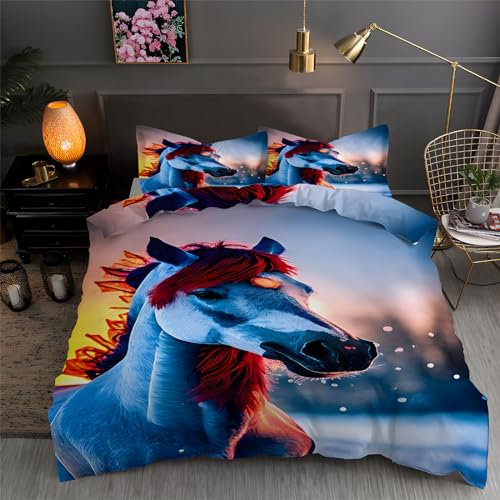 Bettwäsche 200x200 Pferd Bettwäsche Set 3D Bedruckte Bettbezug Set mit ReißVerschluss, Weich Flauschige Hypoallergen Bettbezug + 2 Kissenbezug