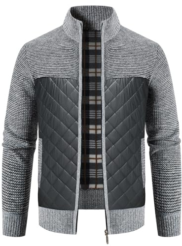 KUDORO Cardigan Gilet Homme Veste en Maille Ouvrez-Front Zippé avec Col Montant Tricoté Chaude Veste d'hiver Doublé en Polaire(Gris Clair,XL)