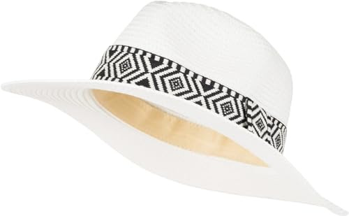 styleBREAKER Damen Panama Sonnenhut Azteken Muster | Leichtes Papierstroh, 7,5 cm breite Krempe, 12 cm Höhe, 32 cm Durchmesser, Schweißband, Zugband (59 cm Umfang), Stoffband.