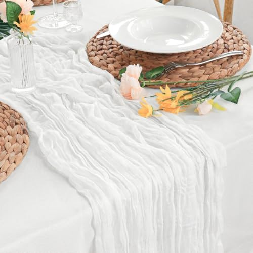 Sevenpers Tischläufer Hochzeit Weiß, 90cm*300cm Rustikal Elegante Abwaschbar Musselin, Tischdekoration Zuhause und im Freien