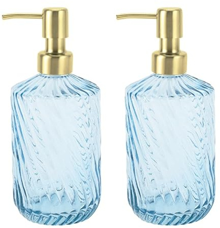 2 Packs Glass Soap Dispenser with Pump, 12 Oz Blue Liquid Hand Soap Dispenser, Refillable Glass Shampoo Dispenser Shower Gel Dispenser for Bathroom, Countertop, Kitchen, Laundry Room