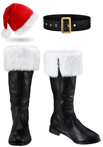 Baggyfly Santa Claus Boots Men Black Santa Boots with Hat Belt Santa Costume Boots with White Fur for Adult Santa Cosplay(10-11)