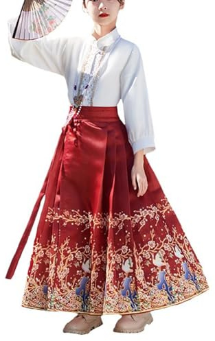 Cicano kinesisk Ming-dynasti Hanfu flickors hästansikte kjol + skjorta, ny kinesisk stil barn antik kostym cosplay, Röd, 140