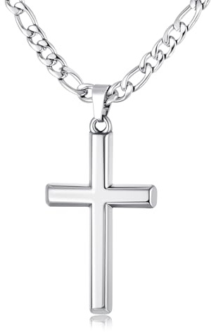 FANCH Collier Croix pour Hommes Femmes 5mm Solide Taillé en Diamant en Acier Inoxydable Figaro Lien Bordure Chaîne en Croix avec Bord Biseauté Collier Croix Pendentif Crucifix 46CM