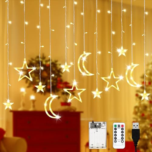 Illuminazione natalizia, catena luminosa, 3,5 m, luci a LED a stelle, luna, decorazione natalizia, illuminazione natalizia con telecomando timer, tenda luminosa per interni ed esterni, decorazione