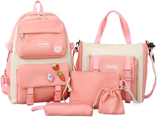 Cnwinu Girls Backpack Set,Girls School Bag,Single Layer Canvas Cute Backpack,Tote Bag,Pen Bag,Crossbody Bag,Kids Kawaii Backpack,Casual Daily Back Pack(Pink)