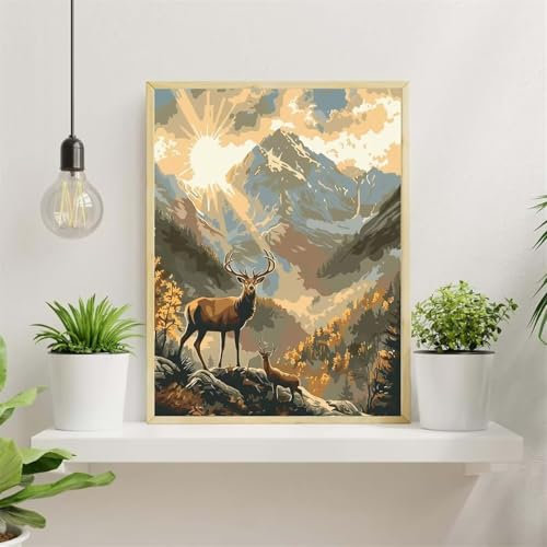 DIY Sonniger Hirsch Rahmenlos Malen Nach Zahlen Erwachsene set,Berg Leinwand malen nach zahlen für kinder,Acrylfarbe Ölgemälde Paint by Numbers Art Bastelset für Wanddeko Geschenk 18x24inch