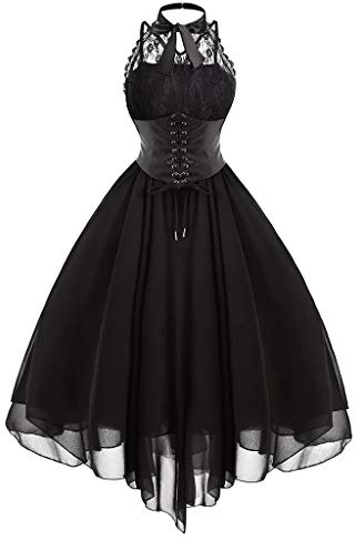 Robe Corset Gothique sans Manches pour Femme Midi Robe Vintage en Dentelle Mousseline Chic et Elegant Grande Taille Cosplay Costume pour Halloween Soirée Fête,Noir,S