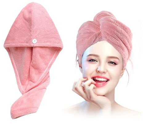 Xkzhrr Haarturban, 2 Stück Knopf Haarturban, Turban Haartrockentuch, Kopftuch Handtuch für Lange Haar, Super saugfähig, Schnell trocknendes Mikrofaser-Handtuch (Rosa)