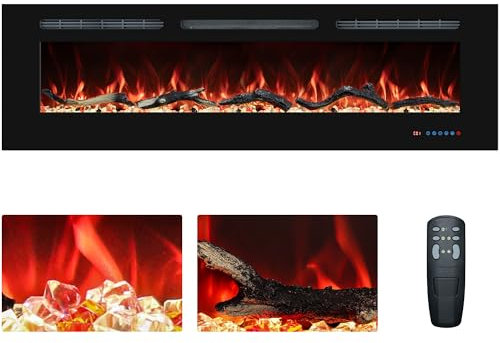 Camino elettrico da incasso e da parete, termostato, camino lineare con telecomando e touch screen, fiamma multicolore, timer, legno e cristalli, 750 W/1500 W